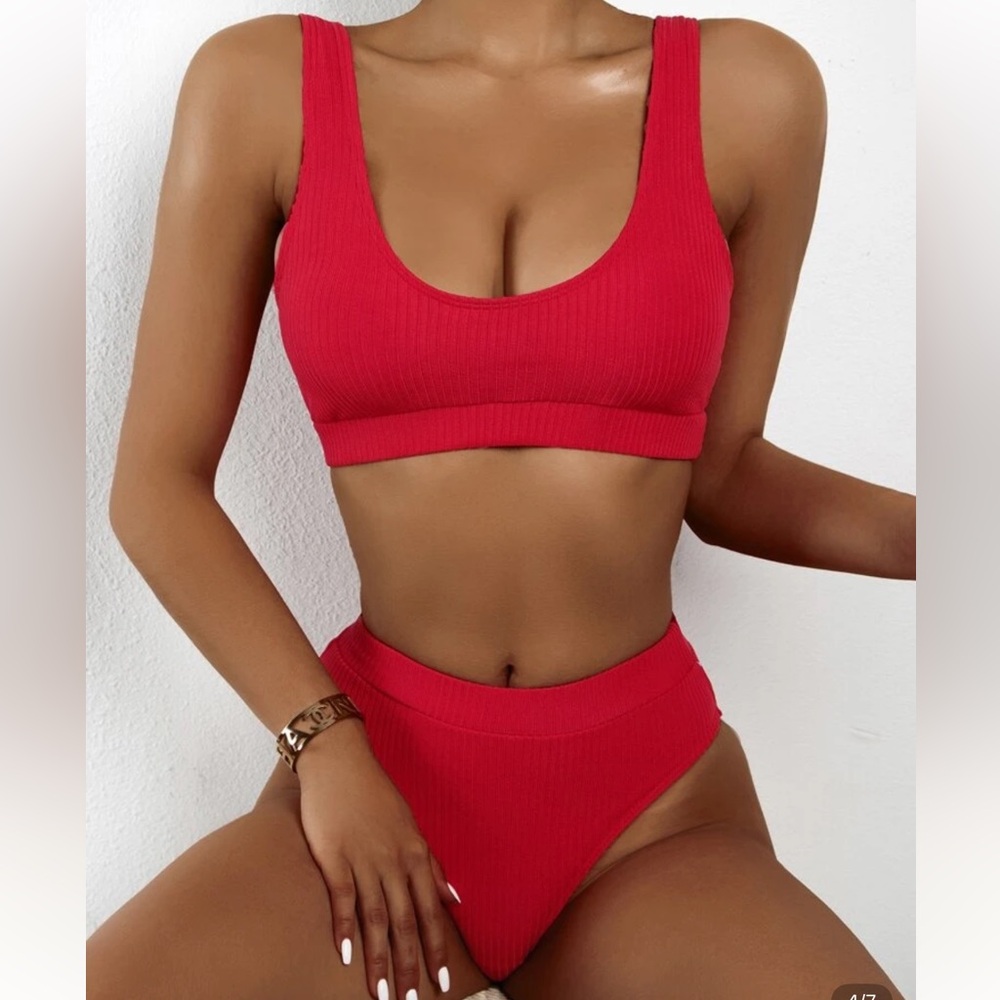 Shein Red ribbed high waist cheeky bikini set L